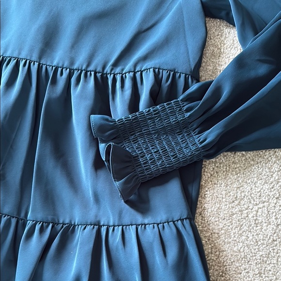 Blue Teal Mini Dress with V-Neck and Bishop Sleeves - Picture 5 of 9